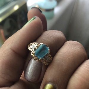 Filigree Blue Stone, 10k yellow gold, size 7 ring